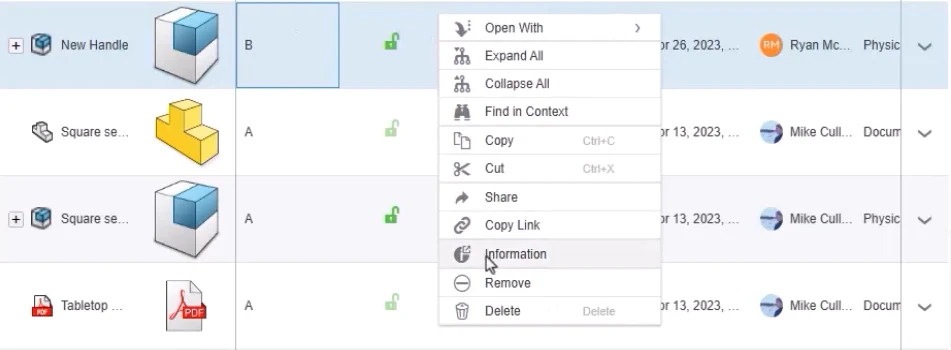 3DEXPERIENCE right-click file information